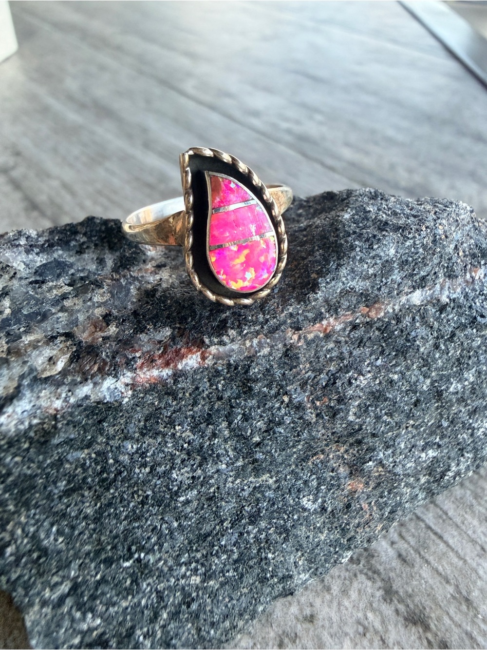 Pink Teardrop Inlay Ring - Zuni Signed